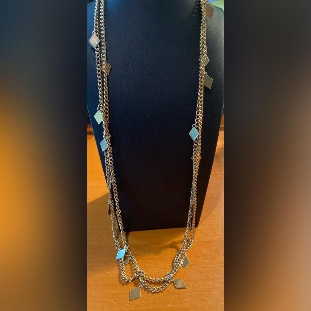 Gold Tone Strand Layered Chain Necklace Square Charm Long Women Jewelry 52”